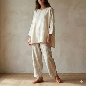 Shirin Guild Linen Pants Womens Small Beige Windowpane Plaid Lagenlook Wide Leg